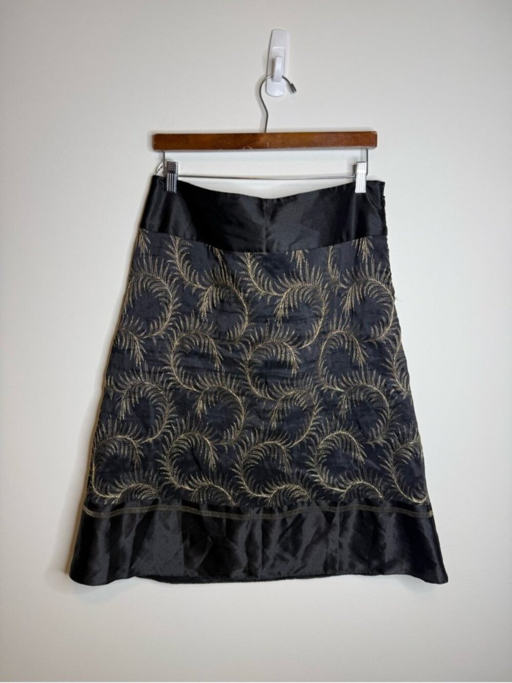 Nygard Black A-Line Skirt with Gold Fan Embroidery linen silk blend size 10